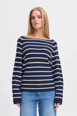 Ichi Strickwaren>IHBOSTON Strickpullover MedievalBluew.Birchstripe